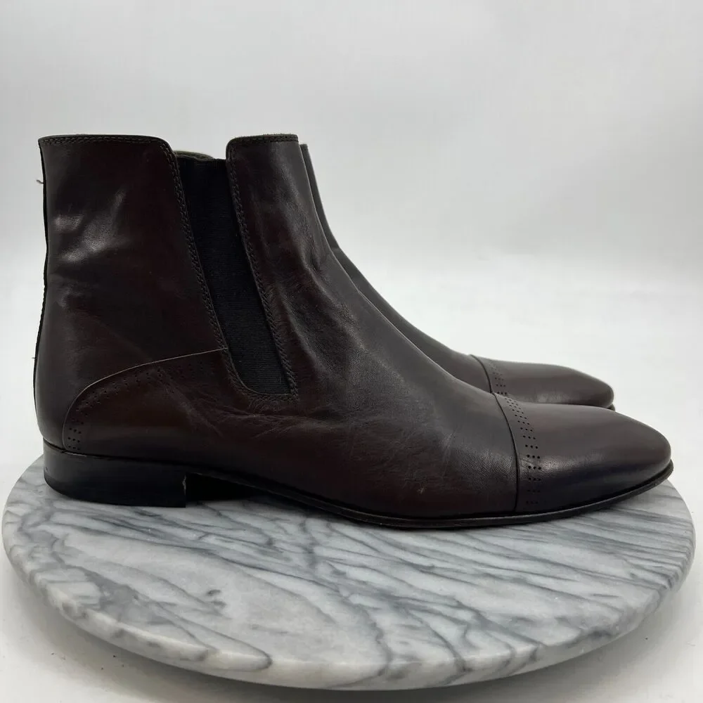 Dapper Man Cap Toe Chelsea Boots Mens 44 Brown Leather Side Zip Elastic Slip On